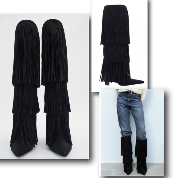 Zara Shoes Sale Zara Fringed Heel Leather Tall Boots 36eu 6us